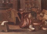 unknow artist A Kitchen still life of utensils and fruit in a basket,shelves with wine caskets beyond USA oil painting reproduction